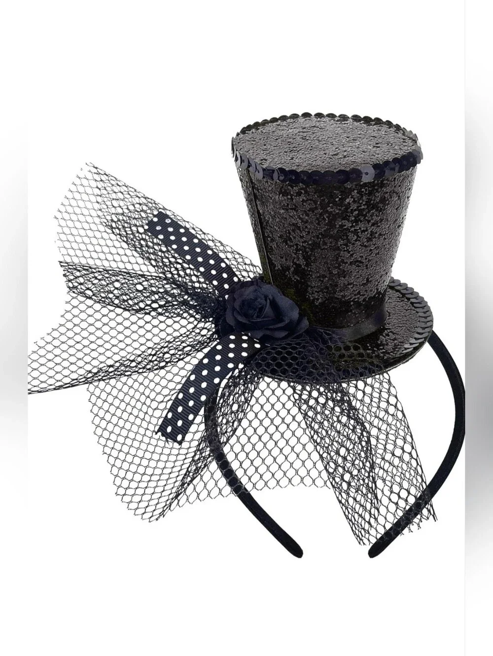 NWT Black Sequin Mini Top Hat Headband w/ Veil Music Festival Halloween Costume